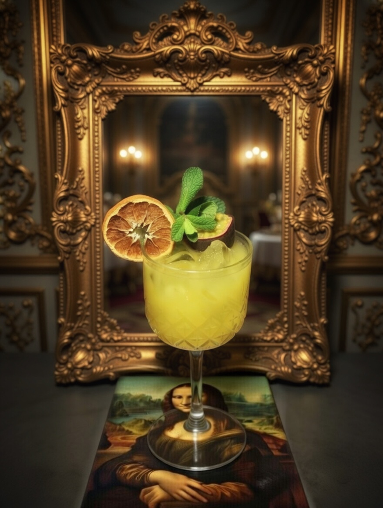 Monnalisa sangria with orange and mint in front of a gilded mirror and the Mona Lisa
