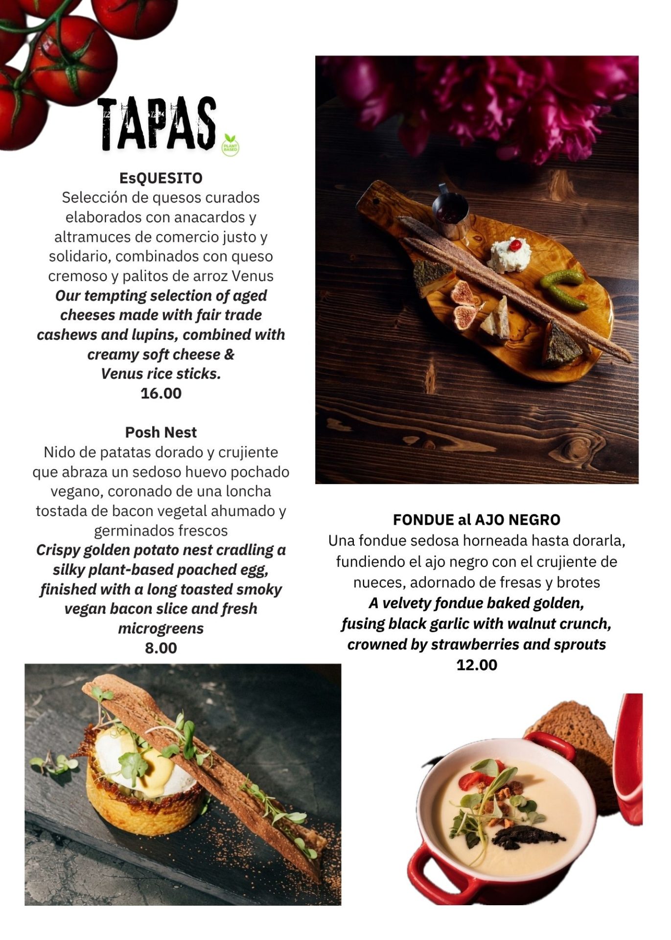 Bubita tapas menu: EsQuesito vegan cheese board, Posh Nest and black garlic fondue