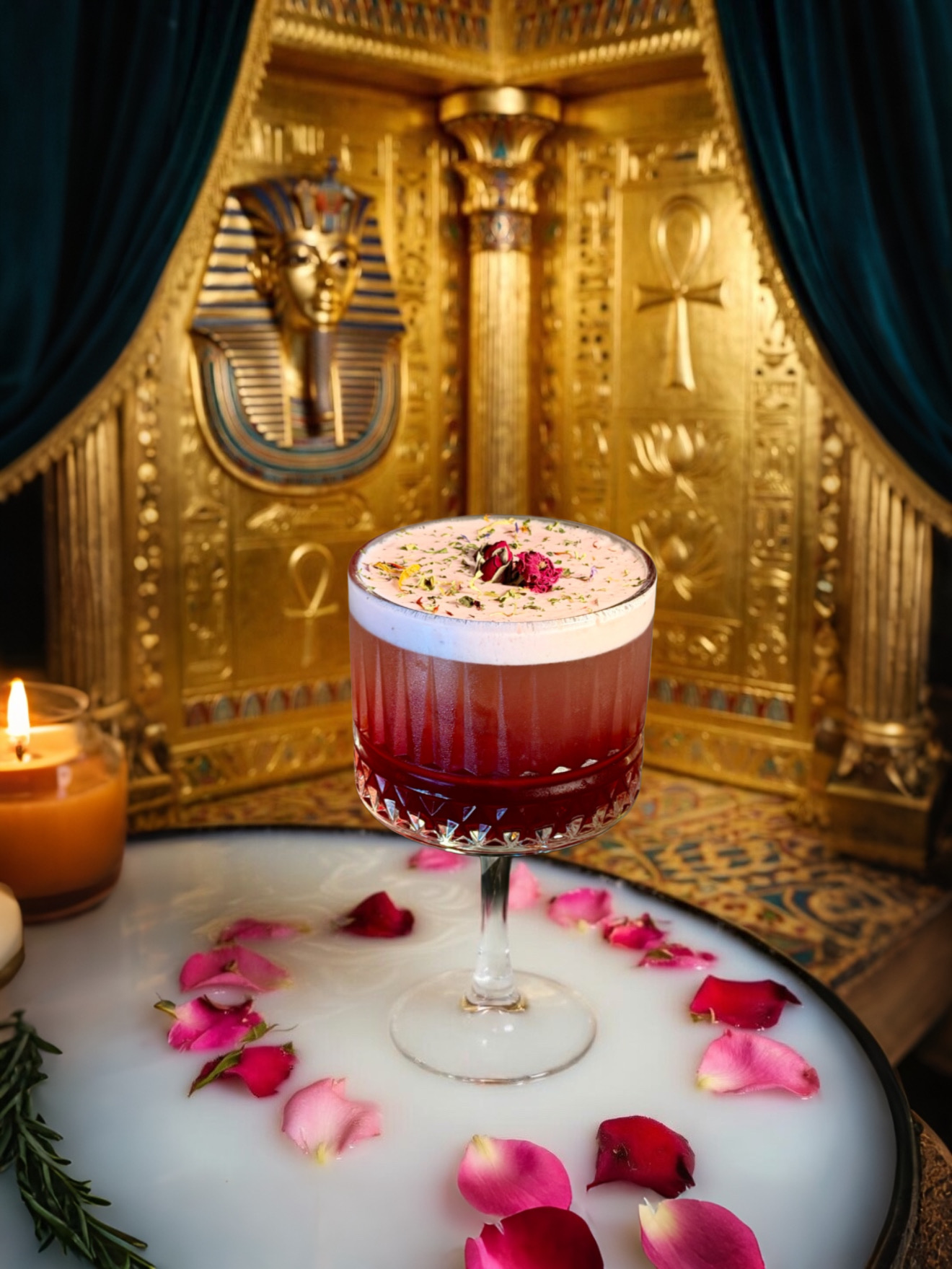 Cleopatra sparkling sangria with rose petals in a golden Egyptian temple