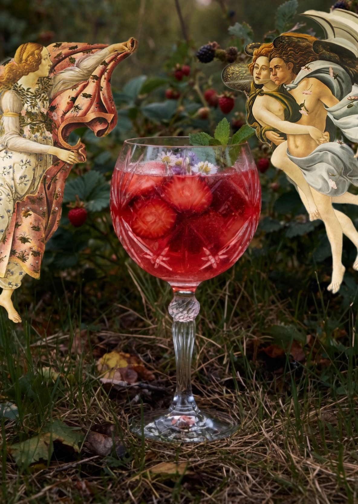 Venus rosé sangria with strawberries in a crystal glass, surrounded by Botticelli-style figures