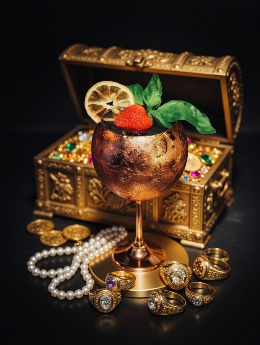 Salomé sangria with basil and orange in a golden goblet on a treasure chest of jewels