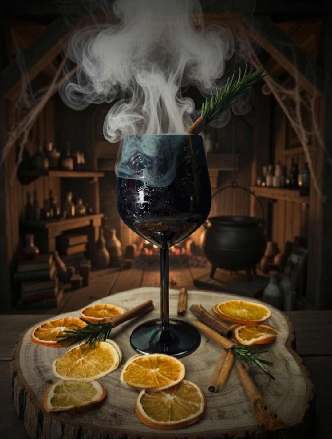 Morgana sangria in a black goblet with smoke, orange slices and cinnamon in a witch's apothecary
