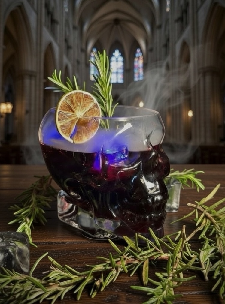 Sancta Inquisitione smoky sangria in a skull glass with rosemary and dried orange, in a gothic cathedral