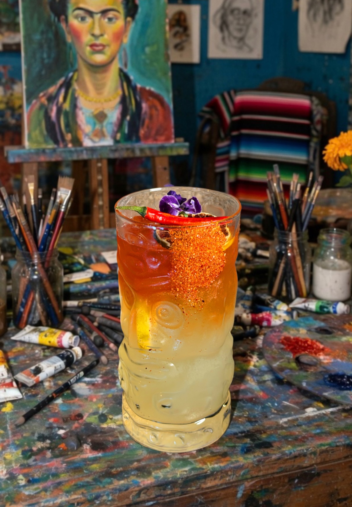 Frida sangria with cava, lime and tequila, garnished with flowers, in a painter's studio